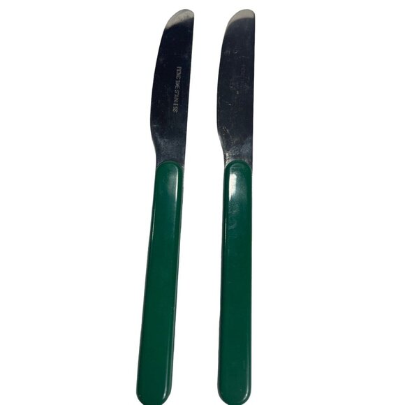 Vtg Picnic Time Stainless Knife Spoon Fork Napkin Flatware Green 8". Set for 2 - Picture 4 of 9